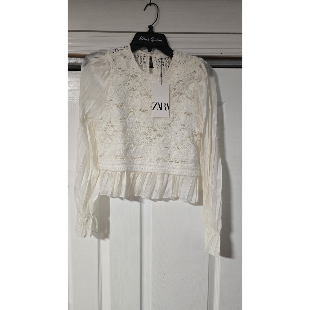 Zara Cream Crochet Lace Blouse Long Pleated Sleeve Peplum Boho Festival Women S